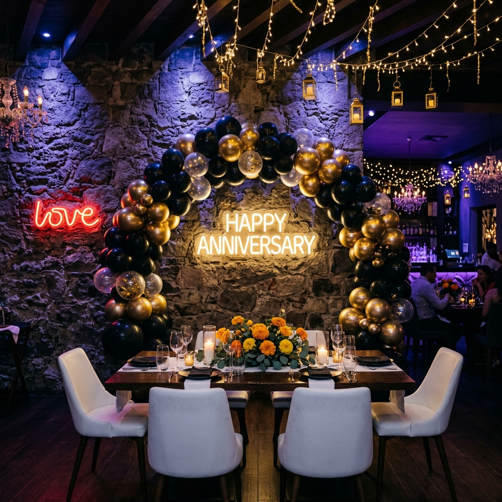 Anniversary decoration setup at Sky Face Cafe — black and gold balloons with Happy Anniversary neon sign