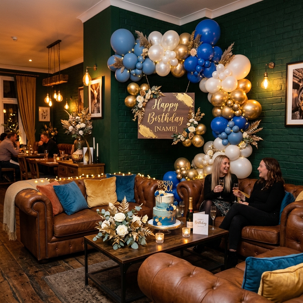 Blue and gold birthday party decoration at Sky Face Cafe
