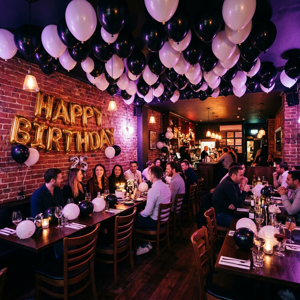 Black and white balloon birthday party decoration at Sky Face Cafe