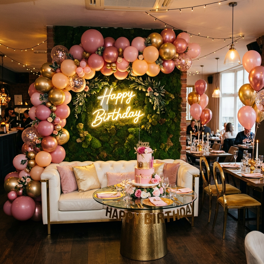 Pink and gold birthday party decoration at Sky Face Cafe