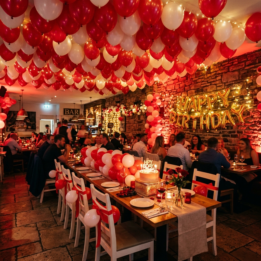 Red themed birthday party decoration at Sky Face Cafe